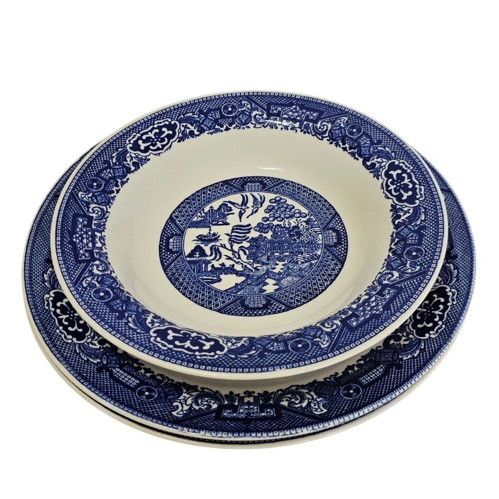 Royal USA Blue Willow Dinner Plates Salad Bowl lot Ironstone transferware Chinoi - Picture 2 of 13